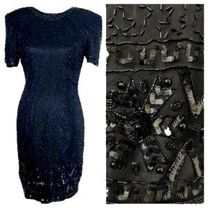 VTG Stenay Dress 6 Black Beaded Sequin Silk Cocktail Formal Knee Lenght